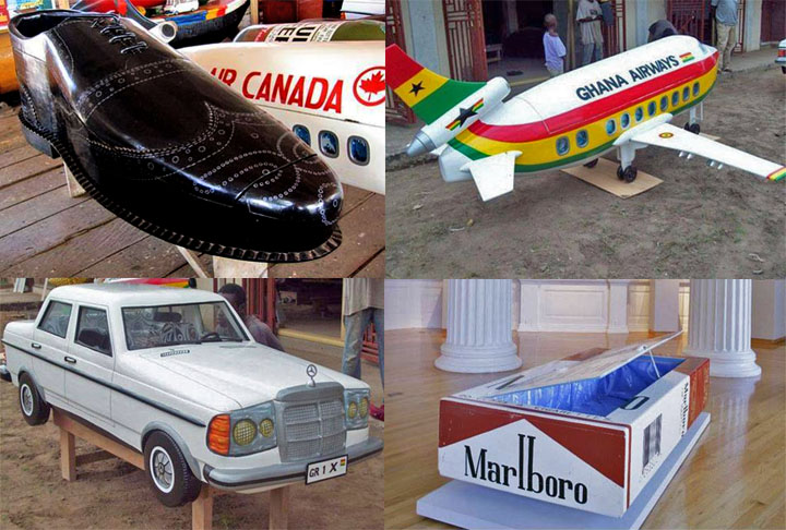 Olhando esses caixões, dá pra perceber que o túmulo precisa ser grande. Espia só a largura do caixão-avião, com asas e tudo... 