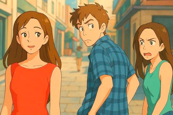 Memes populares, como o namorado distraído (foto) e Ben Affleck fumando, também ganharam versões Ghibli.