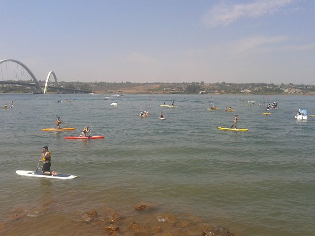 A poluição é causada pelo lançamento de esgotos e resíduos industriais nas águas do lago. 