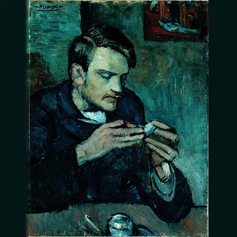 “Período Azul” (1901),  de Pablo Picasso: Restauradores do Instituto Courtauld, em Londres, encontraram o rosto de uma mulher escondido sob as camadas de tinta no retrato do escultor e amigo do artista, Mateu Fernández de Soto.