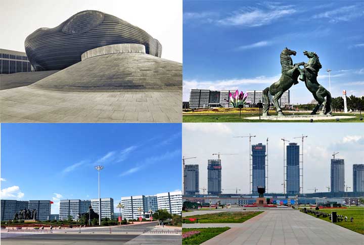 A cidade está localizada em uma área remota e árida, e o custo de vida é alto. Além disso, a economia da Mongólia Interior é instável, o que desencorajou os investidores. Hoje, o local é conhecido como uma “cidade fantasma”.