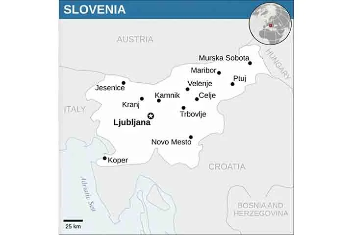 A Eslovênia faz fronteira com Áustria, Hungria, Itália e Croácia. O país tem pouco mais de 2,1 milhões de habitantes.

