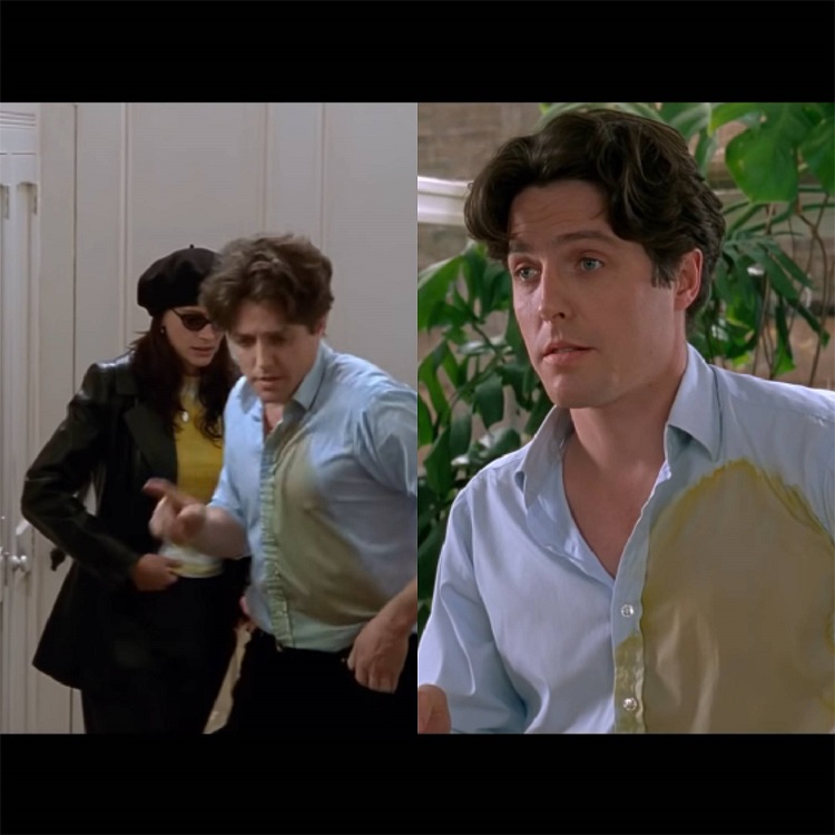 Durante toda essa sequência é possível reparar que a mancha na camisa dele fica totalmente inconsistente, ora ficando maior, ora menor, ora mais fraca, ora mais forte. 