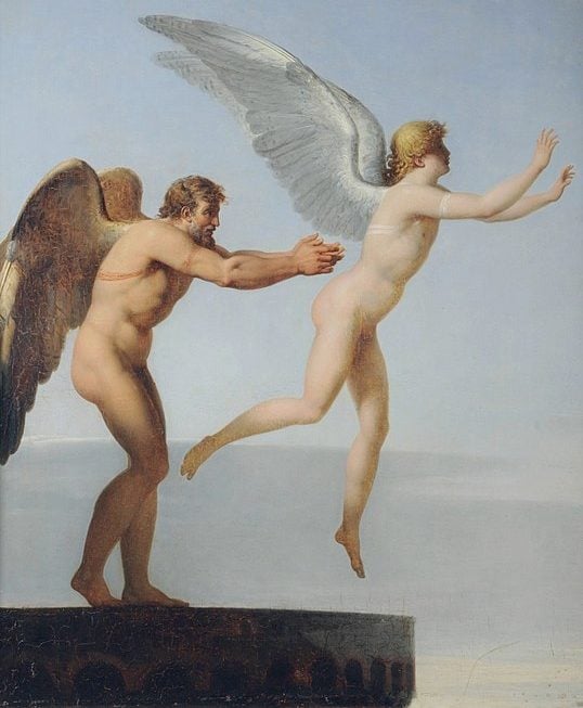 Na Mitologia Grega, Ícaro é o jovem que ganhou asas do pai - o inventor Dédalo - para que pudesse deixar a Ilha de Creta voando. Mas, Ícaro voou alto demais, o Sol derreteu suas asas e ele acabou caindo.