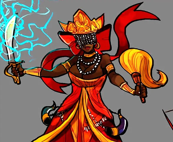 Iansã é a deusa dos ventos e das tempestades. Controla os raios e carrega uma espada. E tem o fogo como elemento. Algumas oferendas: milho, arroz, feijão e acarajé. 