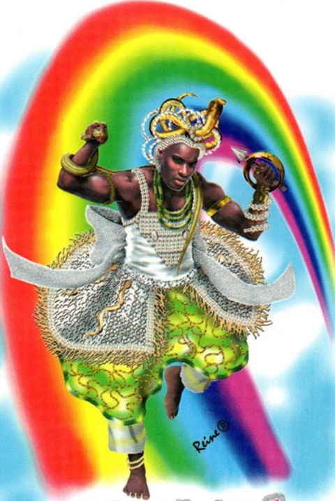 Oxumaré é o senhor da chuva e do arco-íris.Transporta a água entre o céu e a terra. Usa colar amarelo e verde. E tem como símbolo uma cobra de metal. Seu elemento é a água. Algumas oferendas: milho, acarajé, coco e ovos. 