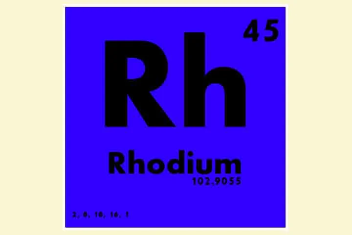 O ródio, por exemplo, é um elemento químico de símbolo Rh,. Ele tem número atômico 45 (45 prótons e 45 elétrons) e massa atômica igual a 102,9 u. Quando está em temperatura ambiente, o material encontra-se no estado sólido.
