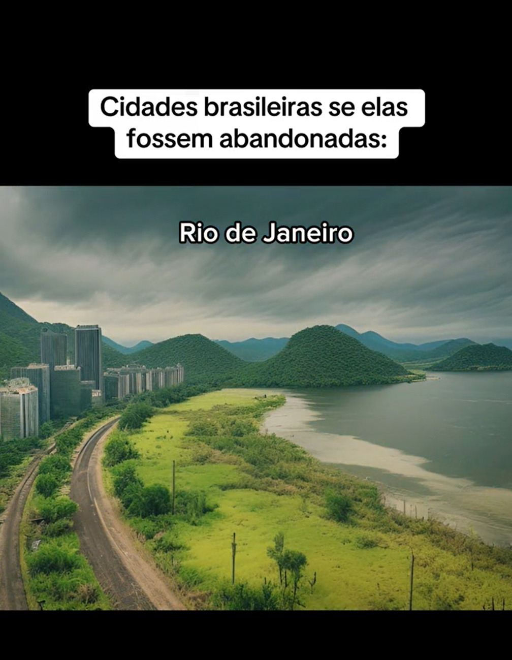 Por outro lado, com a Inteligência Artificial (IA), a mesma paisagem foi transformada em uma cidade abandonada. É possível ver a areia da praia tomada por um longo espaço  de matagais.
