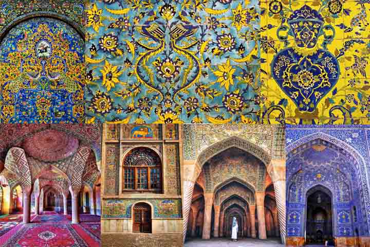 IRÃ - Mesquitas e palácios históricos possuem azulejos intrincados com padrões florais e cores vibrantes.
