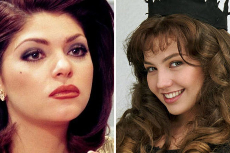 À esquerda a personagem vilã Soraya (Itatí Cantoral); e à direita a protagonista e mocinha da novela Maria do Bairro (Thalía).