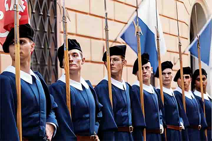 A nomenclatura deve-se ao fato de mercenários suíços terem sido escalados para compor as forças após sua criação, no século 16.
