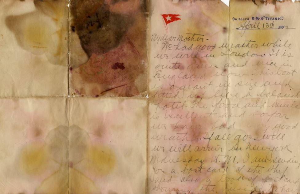 Em 2017, carta de outro passageiro de primeira classe do Titanic foi arrematada em leilão por 126 mil libras. Um dia antes do naufrágio, Alexander Oskar Holverson escreveu à mãe: Se tudo correr bem, chegaremos a Nova York na quarta-feira