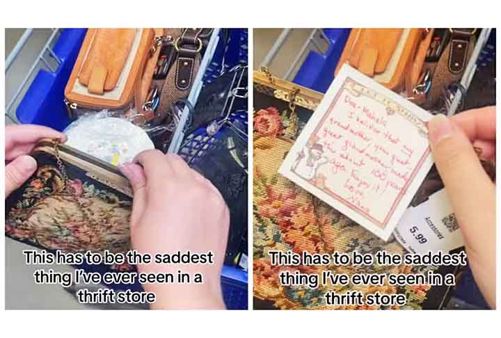 O recado, portanto, sugere que a bolsa era uma herança de família, passada por gerações. Kaylee, então, descreveu a cena como algo triste. Essa tem que ser a coisa mais triste que já vi em um brechó, escreveu no texto sobreposto à gravação.