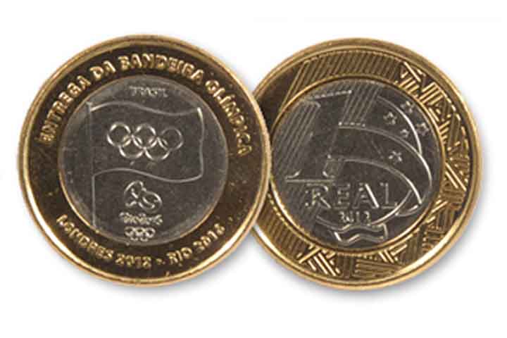 2012: Moeda de R$ 1 em comemoração à entrega da Bandeira Olímpica.