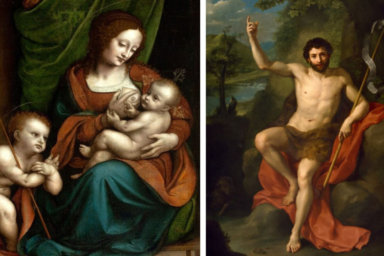 Maria com o Menino Jesus e João Batista; à direita, representação de João Batista.