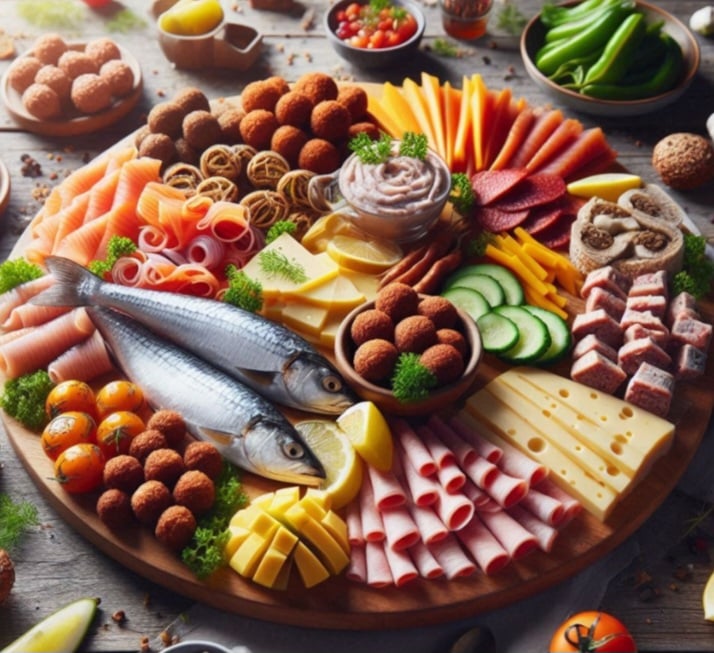 Na Suécia, osmörgåsbord é um buffet com uma variedade de pratos frios e quentes, incluindo arenque, carnes e pães.