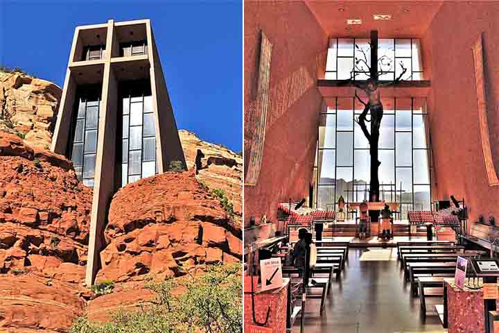 Capela das Pedras (EUA) – 1956 - Construída no meio das rochas em Sedona, Arizona, tem um design moderno e impactante. Uma grande cruz de vidro domina sua fachada. Seu interior simples contrasta com a paisagem grandiosa.