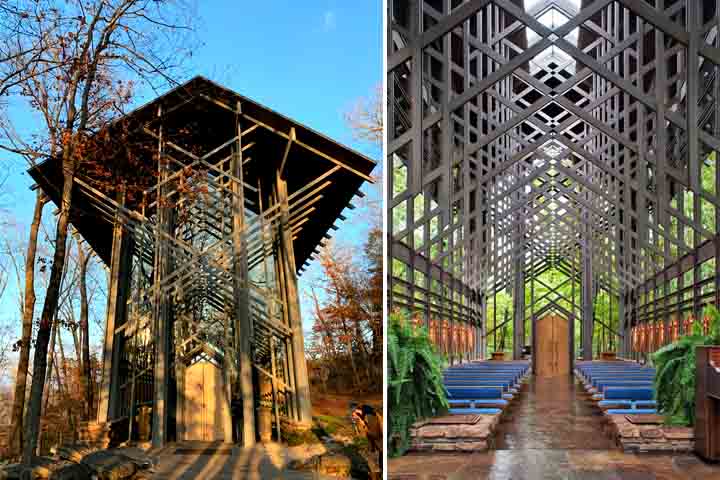 Capela de Thorncrown (EUA) – 1980 - No Arkansas, sua estrutura de vidro e madeira se integra à floresta. Grandes janelas permitem a entrada de luz natural. Um exemplo marcante da arquitetura orgânica moderna.