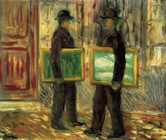 “La cinquième saison”, René Magritte (1943): Na obra, dois homens caminham em direção um ao outro, carregando pequenos quadros. A reflectografia de infravermelho revelou uma imagem oculta sob a superfície:
