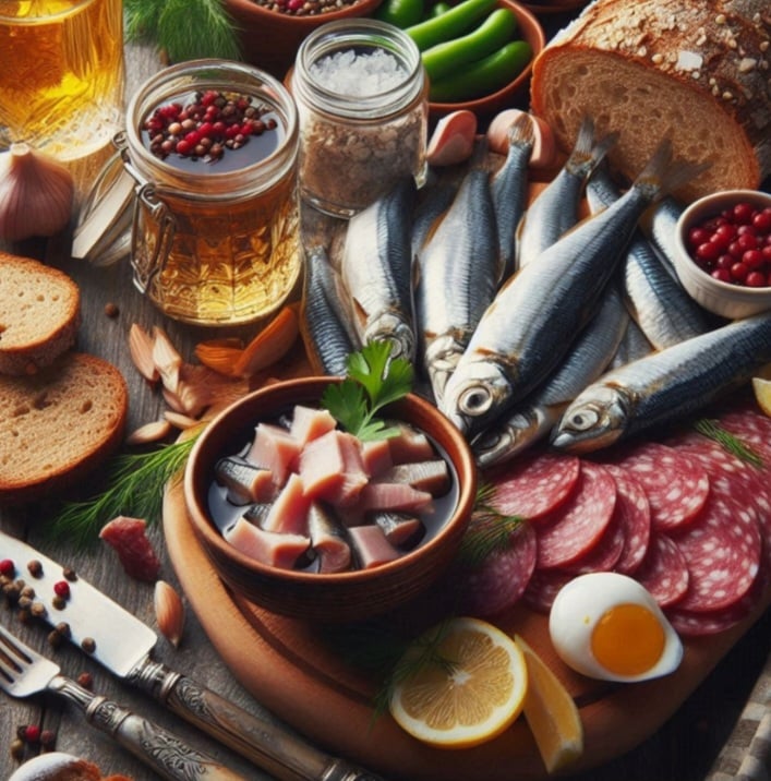 Rússia: Os zakuski são aperitivos que incluem arenque, salame e pães, servidos antes da vodka.
