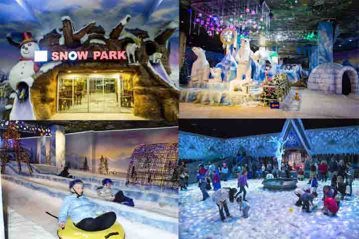 No Shopping Paris, o Snow Park apresenta quatro mil metros de extensão oferece 18 atrações para quem deseja se divertir no gelo. Entre as opções, estão tobogã, patinação e esculturas de neve.