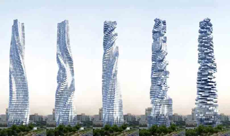 Dynamic Tower - Emirados Árabes - Conhecida como Edifício de Arquitetura Dinâmica ou Torre Da Vinci, é um arranha-céu móvel de 420m em Dubai. Cada andar é projetado para girar de forma independente. A foto mostra como a torre muda de formato, dependendo da rotação feita em cada andar do prédio. 