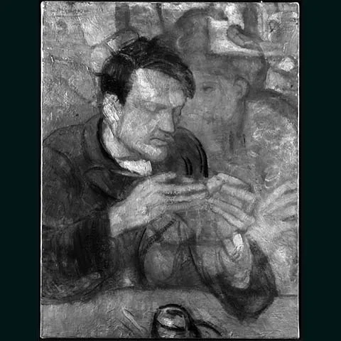 Revelada por imagens de infravermelho, a figura parece sussurrar no ouvido do escultor, criando uma cena quase fantasmagórica em que passado e presente se fundem.