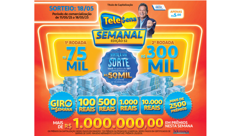 Tele Sena Semanal: resultado do sorteio de hoje, domingo, 18 de maio de 2025 (18/05/25), pelo SBT. Mais de R$ 1 milhão em prêmios