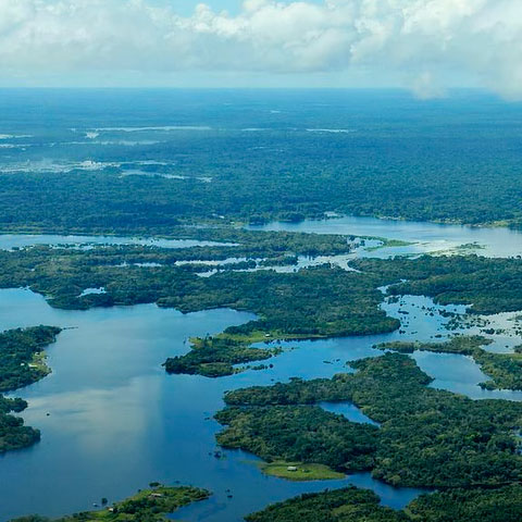 Maior rio - Amazonas (América do Sul)-  É o maior quando se leva em conta o volume de água (sua cheia tem 385 trilhões de litros). É o segundo em extensão (6.400 km).  Nasce na Cordilheira dos Andes (Peru), tem diversos afluentes e desemboca no Oceano Atlântico (norte do Brasil).