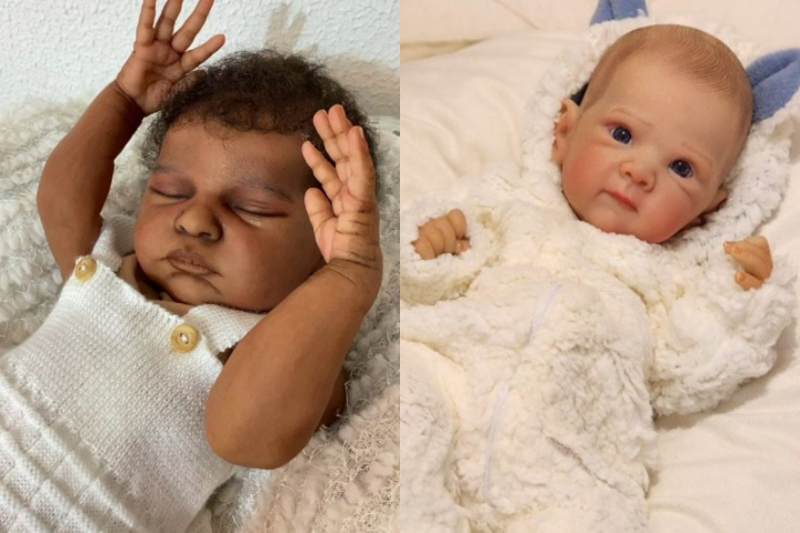 Os bebês reborn são bonecos feitos à mão para parecerem bebês reais, com detalhes como textura da pele, veias e cabelo aplicados fio a fio.