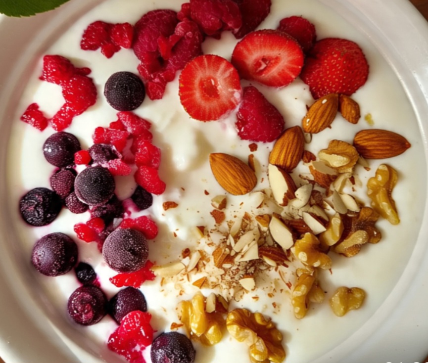 A Dra. Monique Tello compartilha seu café da manhã preferido, que pode ser facilmente variado na hora para evitar complicações. Nesta composição, ela traz uma tigela de iogurte com frutas congeladas e nozes e/ou sementes e grãos integrais.