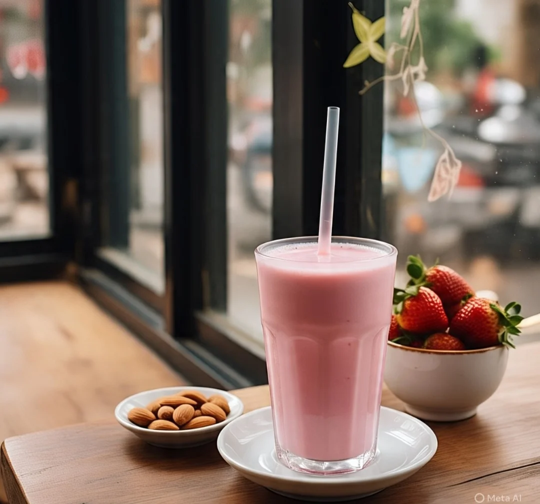 Leite com morango e amêndoas: Fonte de antioxidantes e gorduras boas, essa mistura é saborosa e rica em vitamina C. As amêndoas dão crocância e energia. Perfeita para tardes agitadas.