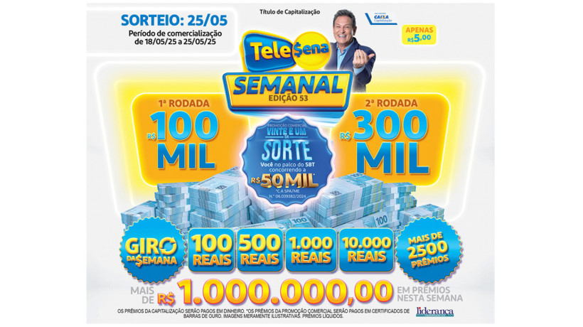 Tele Sena Semanal: resultado do sorteio de hoje, domingo, 25 de maio de 2025 (25/05/25), pelo SBT. Mais de R$ 1 milhão em prêmios
