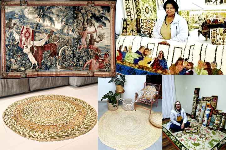 No Brasil, a tapeçaria tem forte influência portuguesa e indígena, refletindo na diversidade de técnicas e materiais. Tapetes de tear, como os de algodão e juta, são comuns no artesanato. Belo Horizonte e Campina Grande têm polos de produção. Além disso, a indústria têxtil nacional também fabrica tapetes sintéticos e industriais, atendendo ao mercado interno e externo.