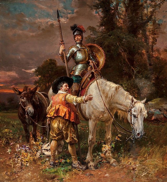 Ao lado de Dom Quixote está Sancho Pança, seu fiel amigo e companheiro nas aventuras, mas que tem uma visão mais realista. 