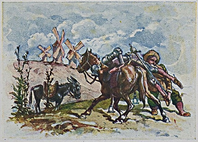 O pequeno fidalgo, já de uma certa idade, abandonou sua esposa e partiu pelo mundo, como fez Dom Quixote, vivendo seu próprio romance de cavalaria. A história no livro Dom Quixote é apresentada sob a forma de novela realista.