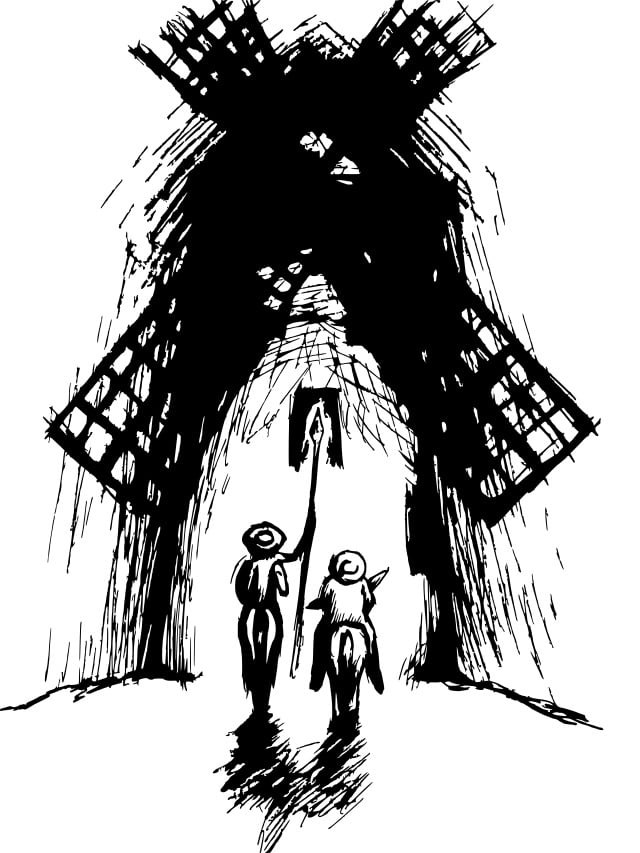 Um dos grandes momentos de Dom Quixote é a luta do herói contra 30 moinhos de vento, que imaginava serem gigantes. 
