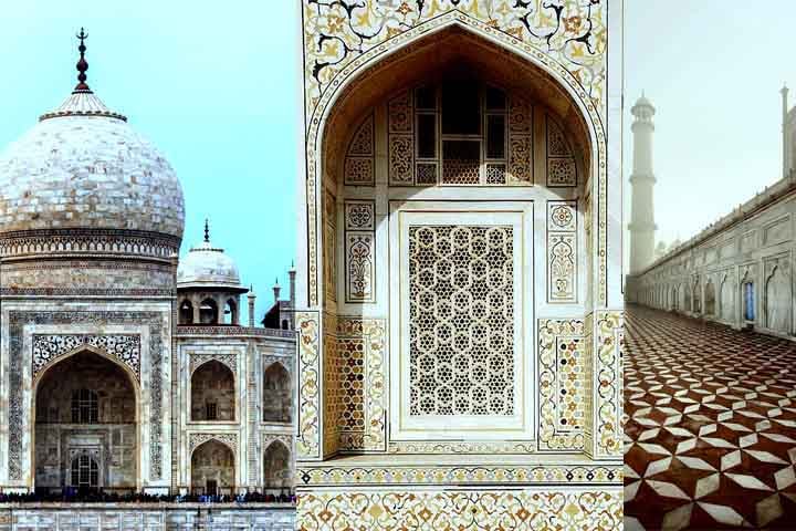ÍNDIA - O Taj Mahal apresenta mosaicos detalhados que incluem azulejos entre pedras preciosas.
