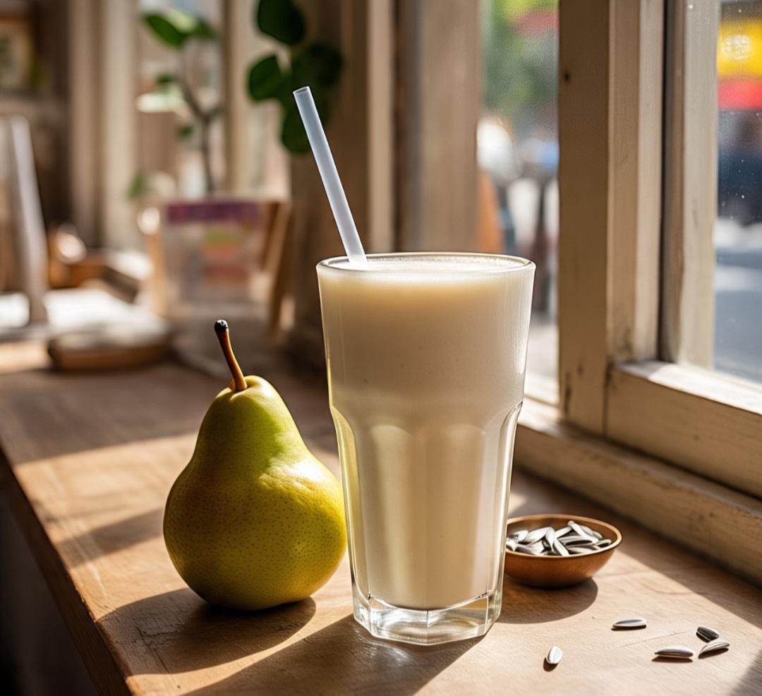 Leite com pera e sementes de girassol: Suave e nutritiva, essa combinação ajuda na hidratação e fornece vitamina E. As sementes aumentam o valor proteico. Uma opção leve e funcional.
