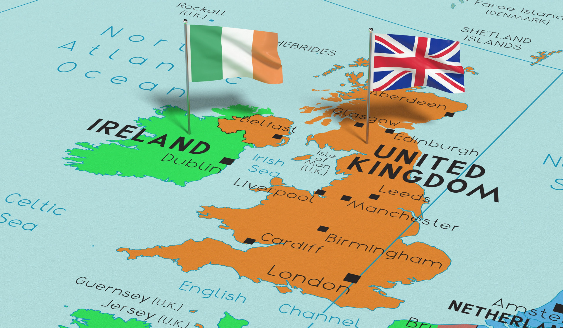 As ilhas da Irlanda e da Grã-Bretanha são separadas pelo Mar da Irlanda, que congelou durante a última Era Glacial.