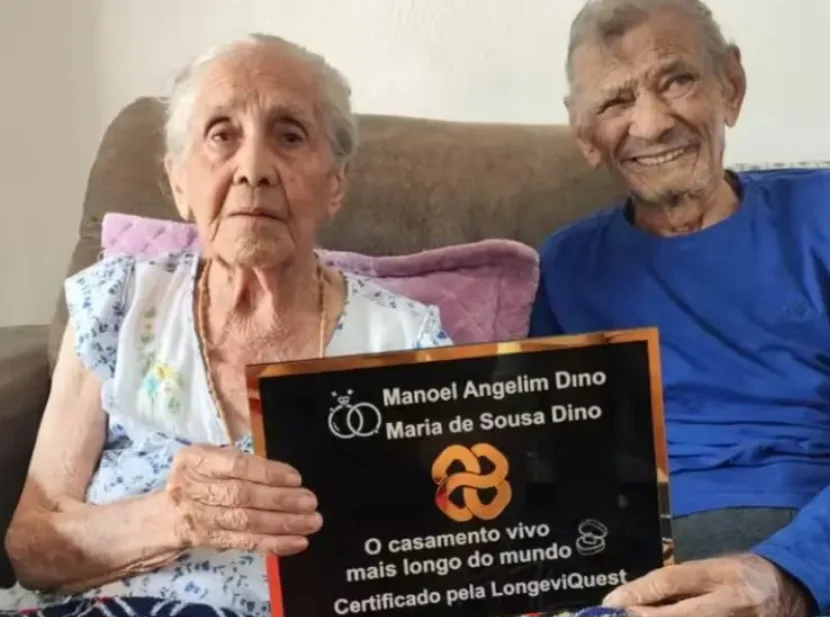 A instituição americana LongeviQuest reconheceu e entregou um diploma a um casal brasileiro como o mais longevo do mundo, com impressionantes 84 anos de união. Manoel Angelim Dino, de 105 anos, e Maria de Sousa Dino, de 102, vivem em Boa Viagem, no Ceará, e também estão no Livro Guinness dos Recordes. 