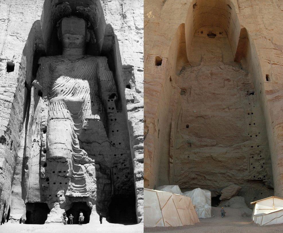 Buda do Vale de Bamiyan – Bamiyan, Afeganistão (século VI, destruído em 2001) - Eram duas gigantescas estátuas escavadas na rocha, uma com 38 e outra com 55 metros. Foram destruídas pelo regime Talibã, mas seguem como símbolo do patrimônio budista afegão e da intolerância religiosa.