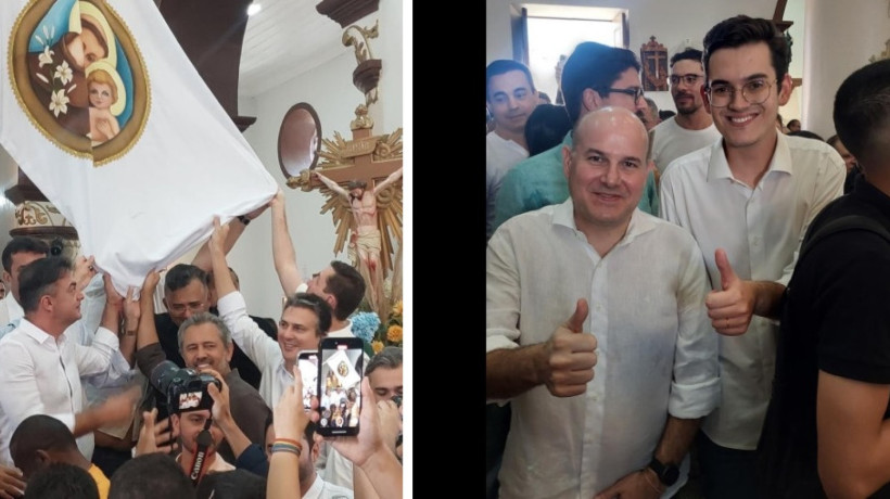 Camilo, Elmano e aliados de um lado, Roberto Cláudio e Carmelo de outro na missa de Santo Antônio em Barbalha