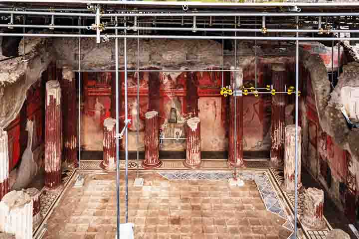 A construção artística traz uma representação de procissão para o deus Dionísio, com a presença de suas seguidoras femininas, as mênades, e personagens híbridos de cabra e humano, os sátiros, tocando música e fazendo rituais com vinho. 
