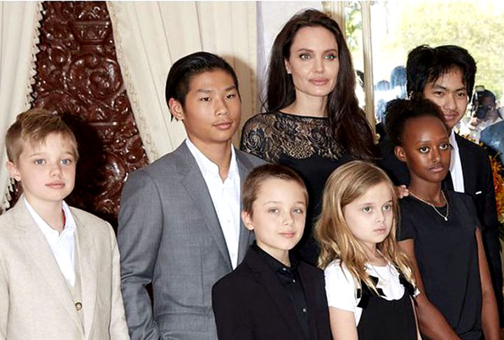 Angelina e Brad têm seis filhos. Três são biológicos: os gêmeos Knox Léon e Vivienne Marcheline, e Shiloh Nouvel. Já os outros três são adotivos: Maddox Chivan, Pax Thien e Zahara Marley. Cada um deles de nacionalidade diferente. 
