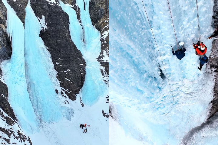 Cachoeira congelada: O influenciador e seus amigos foram deixados de helicóptero para escalar uma enorme cachoeira de gelo na Europa (o local exato não foi revelado). Um deles acabou desistindo no meio do caminho.