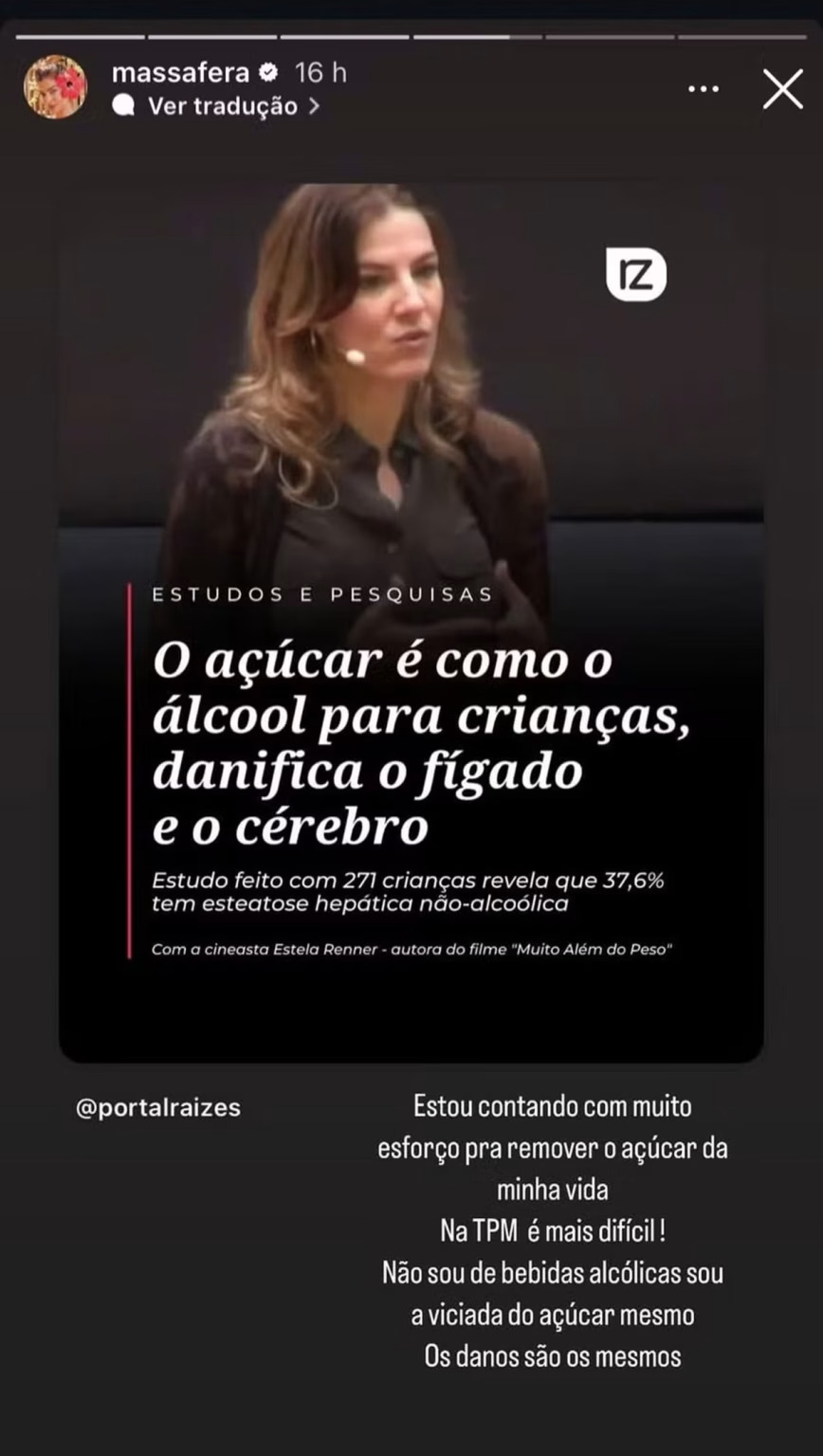 No post, Grazi reproduziu uma notícia de que um estudo feito com 271 crianças revelou que 37,6% têm esteatose hepática não alcoólica. E aí desbafou sobre seu esforço para livrar dos doces. 