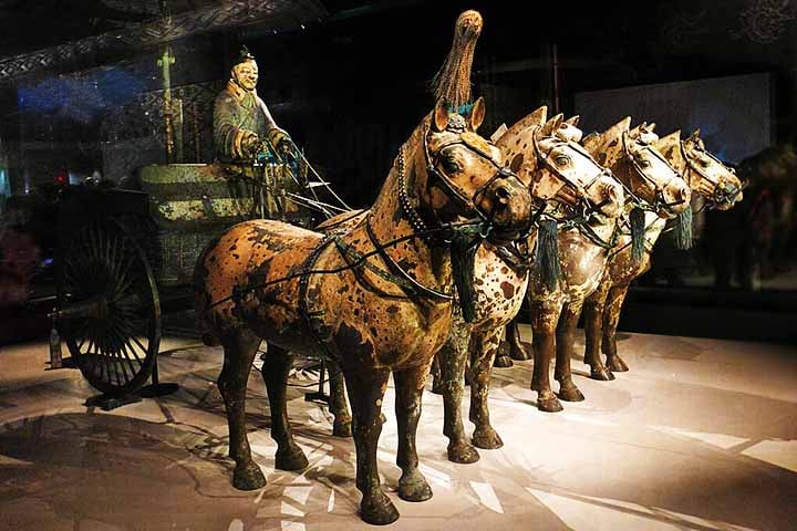 As estátuas têm tamanhos variados, correspondendo às funções de cada soldado. O conjunto inclui ainda a representação de carruagens e cavalos. 
