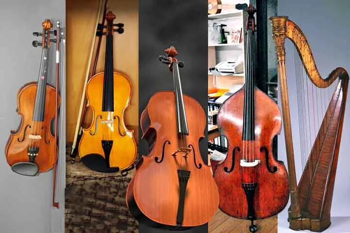 As cordas são violino, viola, violoncelo, contrabaixo e harpa.