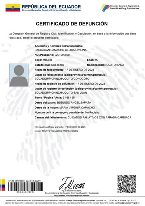 “Eles nos deram até um atestado de óbito”, declarou Gilber Rodolfo Balberán Montoya a veículos de mídia equatorianos. Na foto, ilustrativa, um modelo de atestado emitido pelas autoridades de saúde equatorianas.  